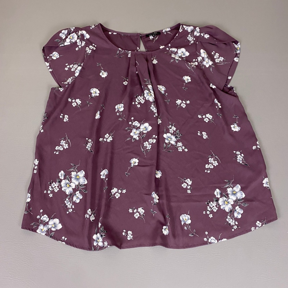 Papermoon Blouse Women's Size 1X Purple Floral Cap Sleeve Pleated Keyhole‎ Back
